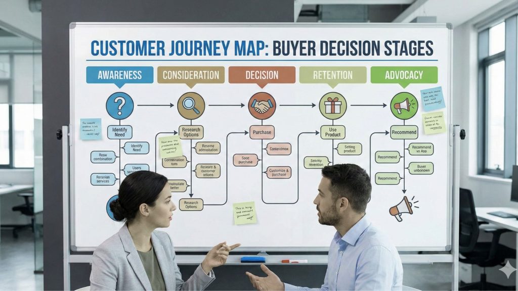 Customer journey map showing buyer decision stages