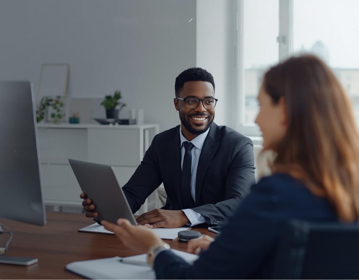 Consultant discussing business priorities with a client across a meeting table